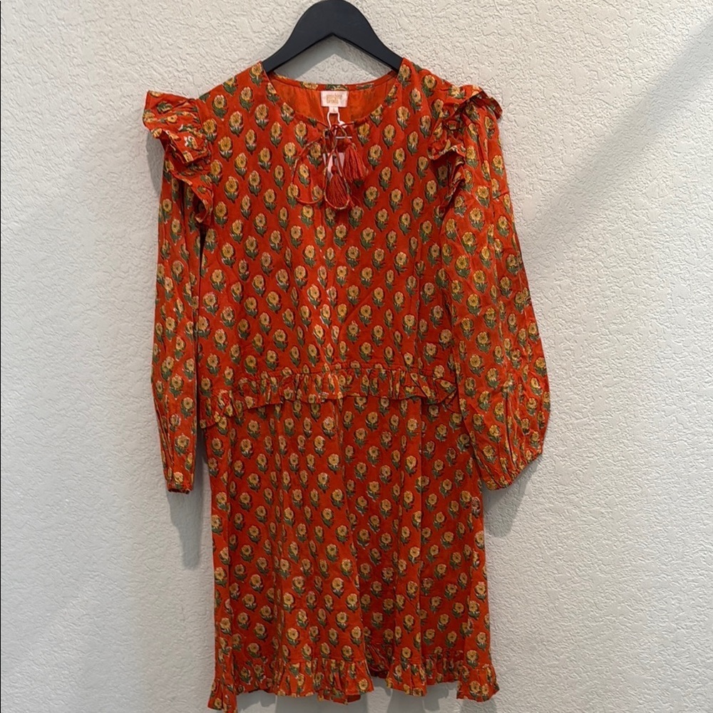 Sunshine Tienda Orange Floral Ruffle Dress Size L NWT